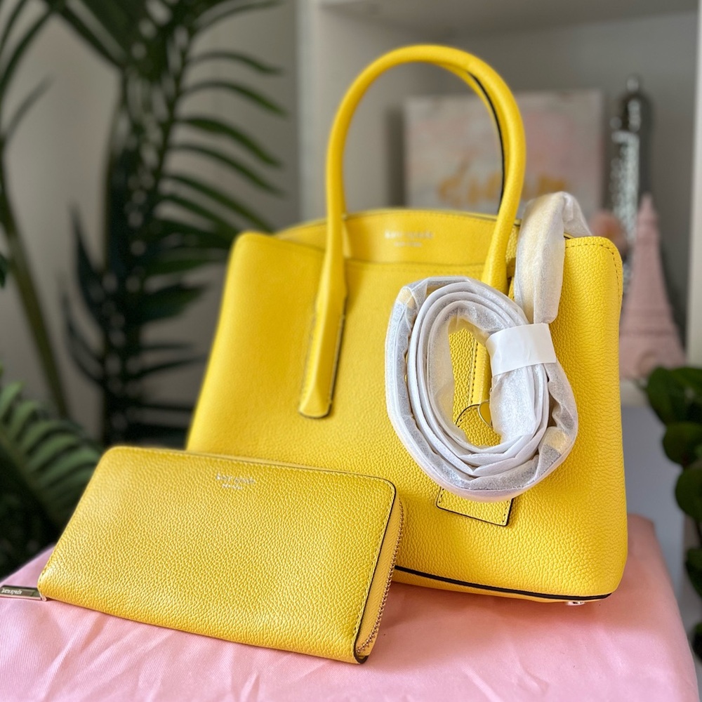 NWOT KATE SPADE SET MARGAUX MEDIUM PEBBLE LATHER SATCHEL & WALLET - YELLOW